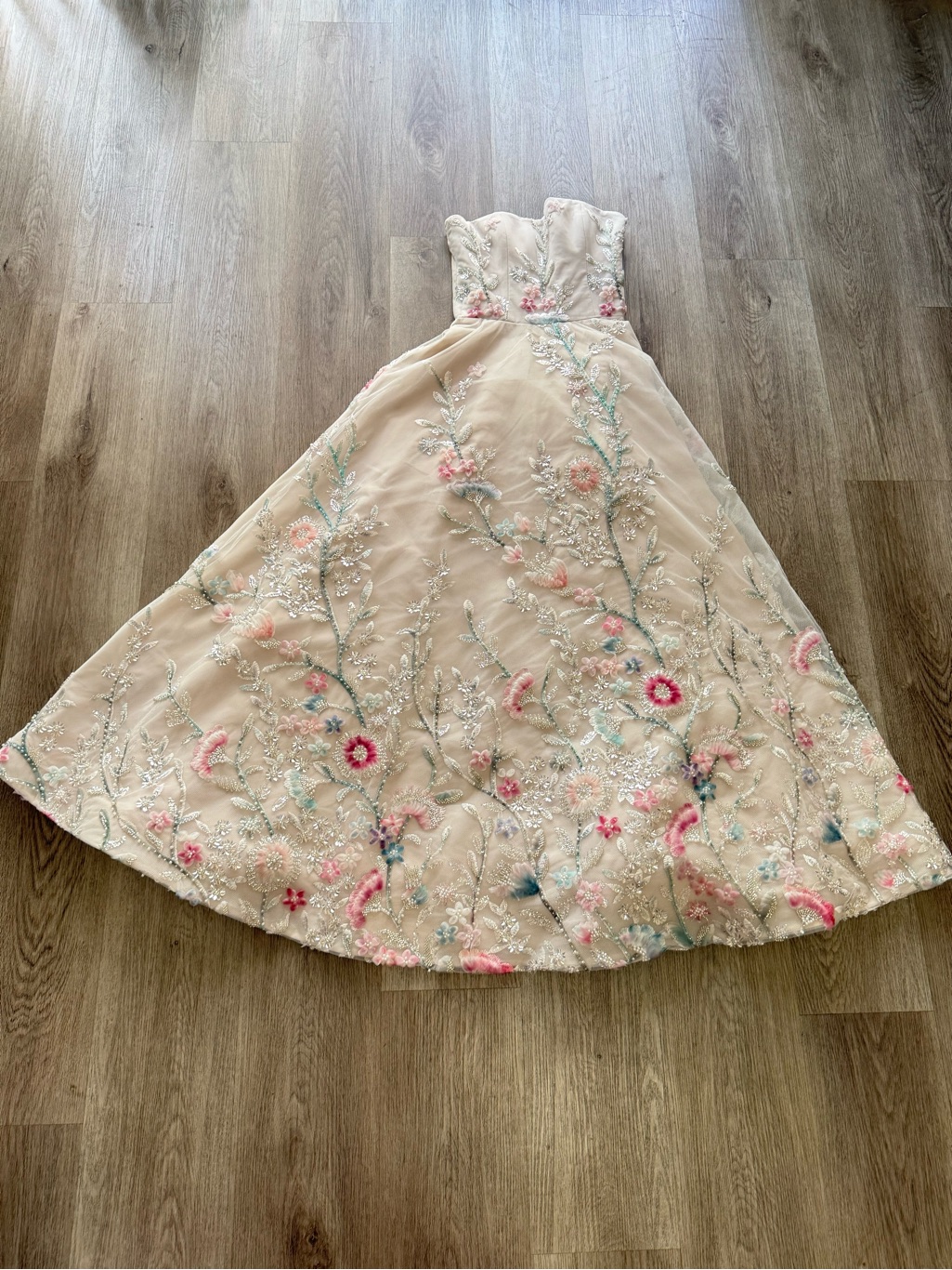 Helsi Tan Cream & Pink 3d Floral Applique Sequin Strapless Maxi Gown Dress Xs